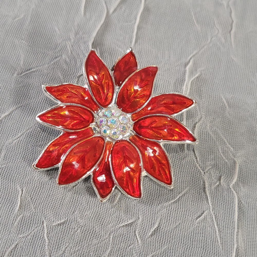 Christmas Poinsettia Flower Brooch Women Red Enamel Rhinestone Holiday Jewelry